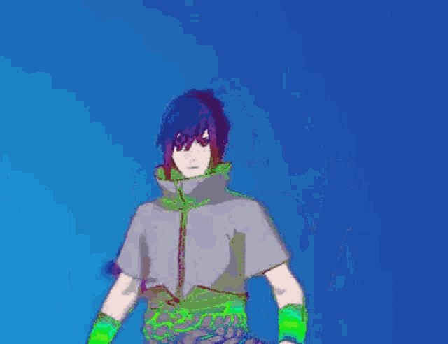 a man with green hair is dancing in front of a blue sky .