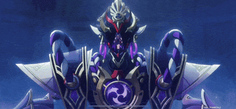 a purple and black robot with a crown on its head is standing in a dark room .