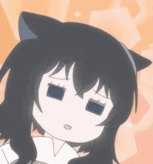 a cartoon girl with black hair and cat ears has a sad look on her face