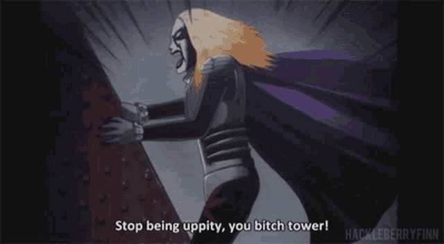 a cartoon of a man with a purple cape standing next to a metal tower .