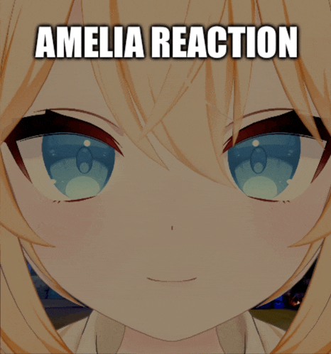 a close up of a girl 's face with the words amelia reaction below it