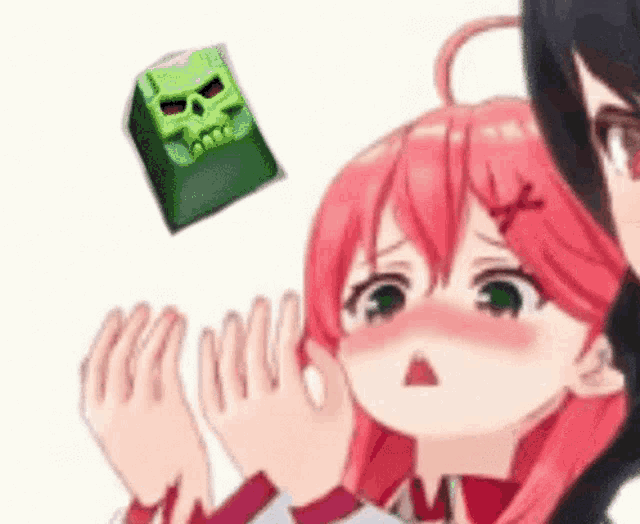 a couple of anime girls standing next to each other with a skull keypad flying in the air .