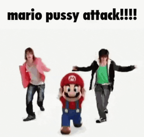 a group of people are standing around a cartoon character , mario , who is flying through the air .