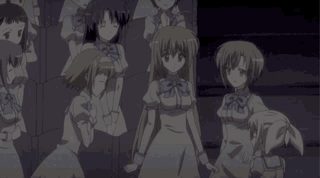 a group of anime girls are standing next to each other in a dark room