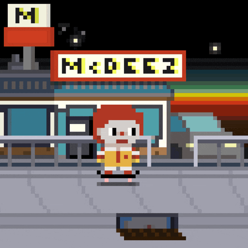 a pixel art of a mcdonald 's with a sign that says m.deez