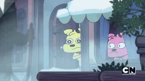 two cartoon characters are looking out of a window with cn on the bottom right