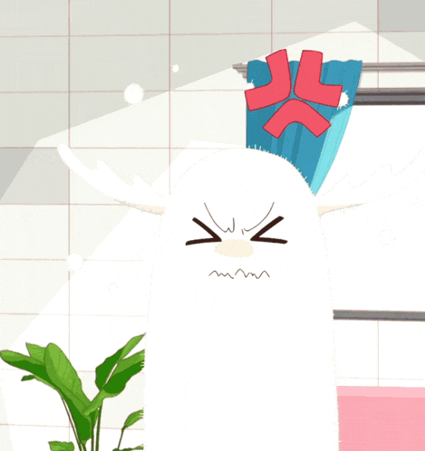 a cartoon character with an angry face is standing in a bathroom next to a plant