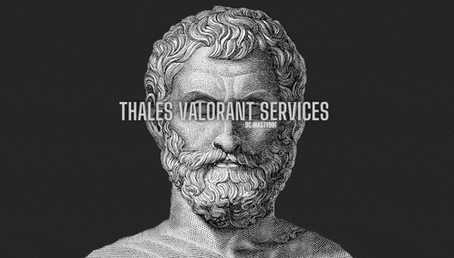 a black and white drawing of a man with a beard and the words thales valorant services above him .