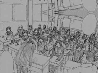 a black and white drawing of a school classroom