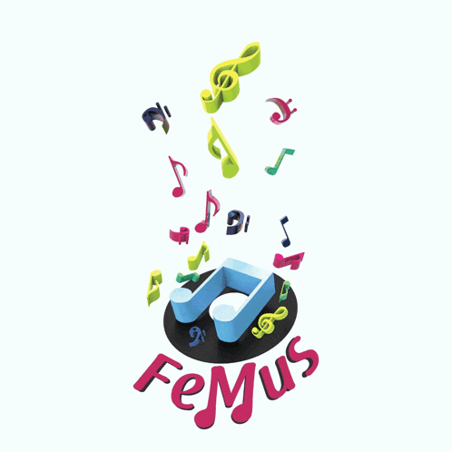 a logo for femus with music notes coming out of the top