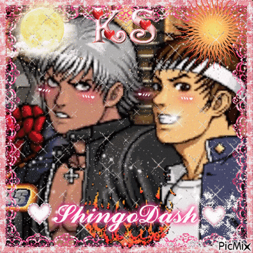 a picture of two anime characters with the words king of fighters and shingo dash on the bottom