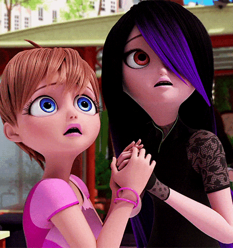 a cartoon girl with purple hair is standing next to a girl with brown hair