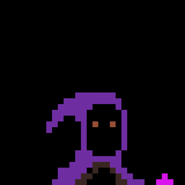 a pixel art of a purple wizard with a red wand and a black background .