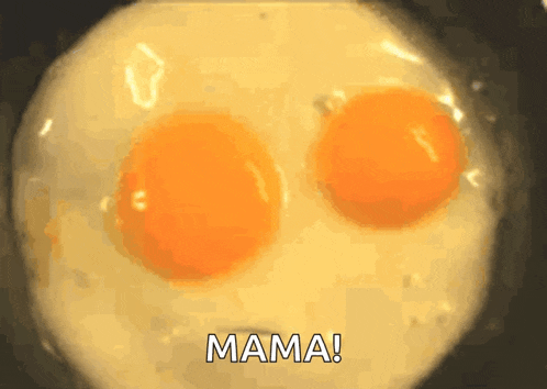 two eggs are being cooked in a pan and the word mama is on the bottom of the image