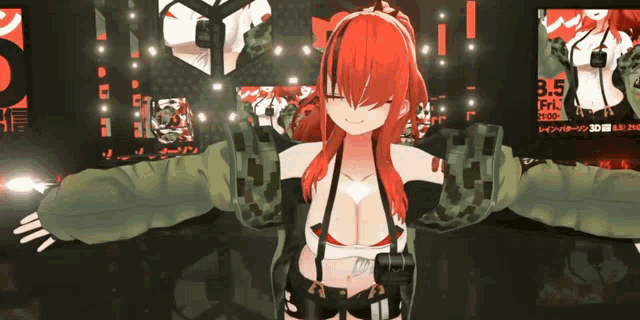 a girl with red hair is standing in front of a sign that says 3.5