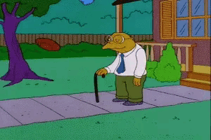 a cartoon character standing on a sidewalk with an umbrella in front of a house