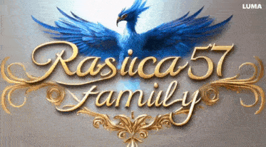 a logo for rasica 57 family with a blue bird on it