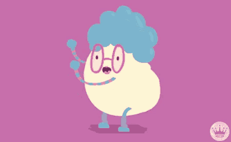 a cartoon character with glasses and a blue curly hair