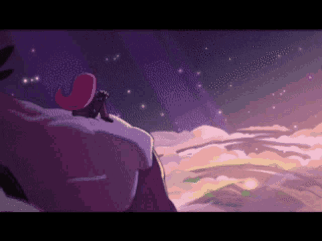 a pixel art of a person sitting on a rock
