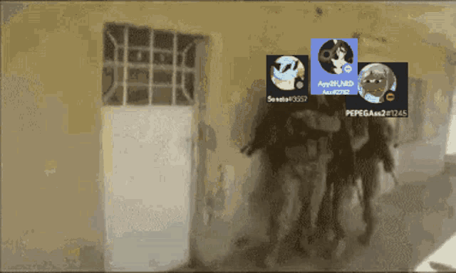 a group of people are standing in front of a door and their usernames are displayed on a screen