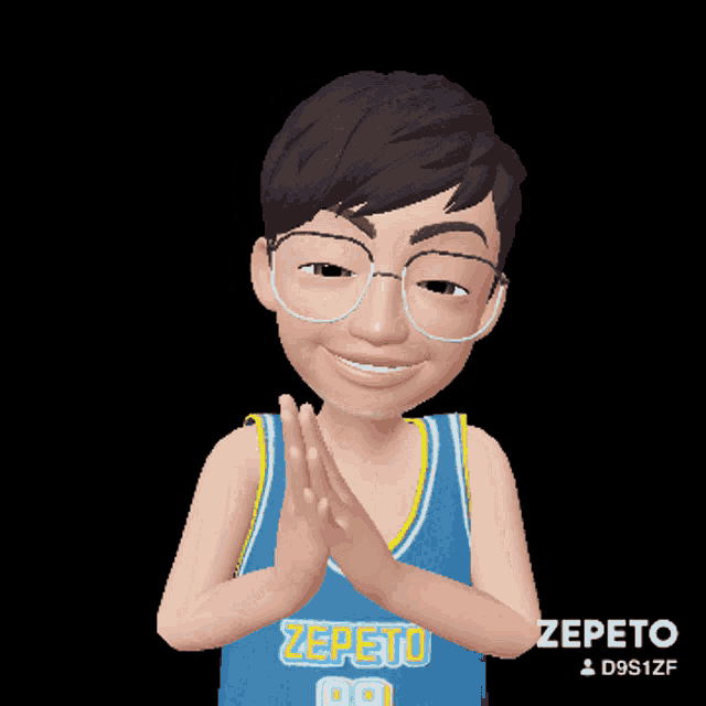 a cartoon character named zepeto is wearing glasses and a blue jersey
