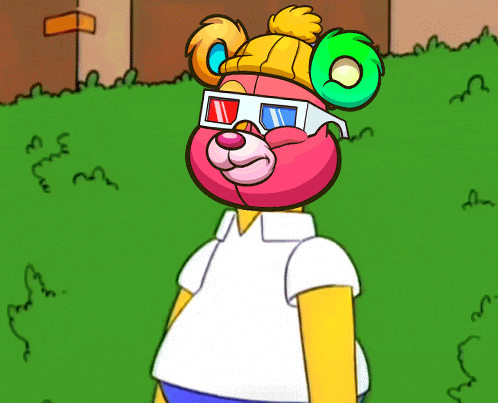 a cartoon character wearing 3d glasses and a yellow hat