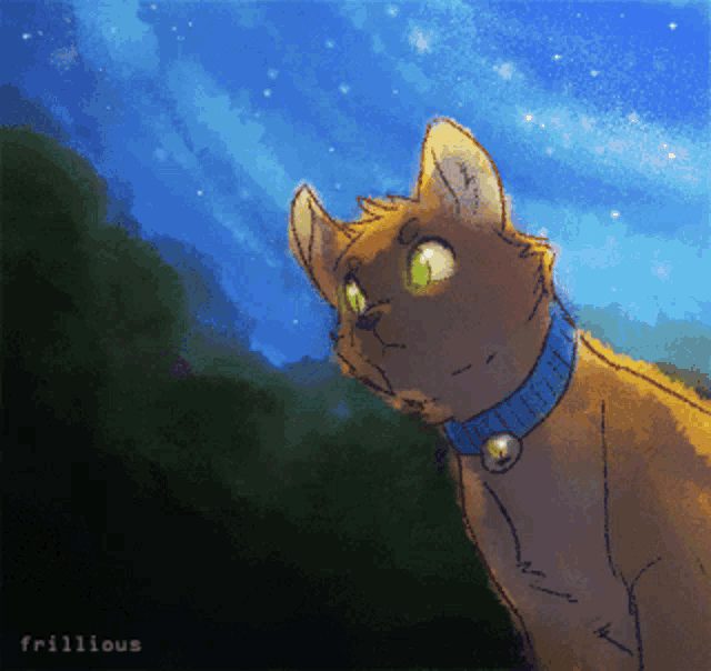 a drawing of a cat with green eyes and a blue collar by frillious