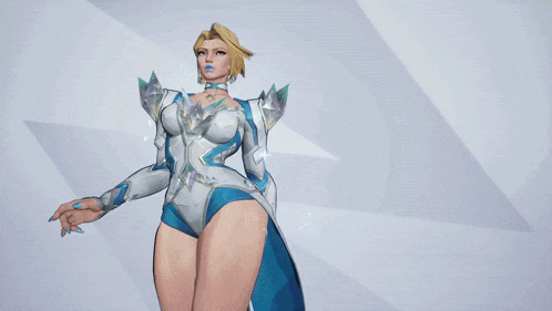 a video game character named emma frost is standing in front of a blue background