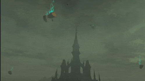 a video game scene with a castle in the foreground and a bunch of floating objects in the sky