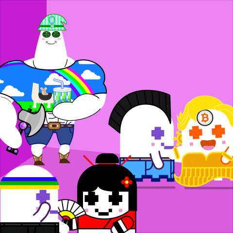 a group of cartoon characters including a girl with a fan