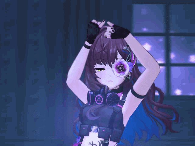 a girl with purple hair and green eyes is wearing a gas mask