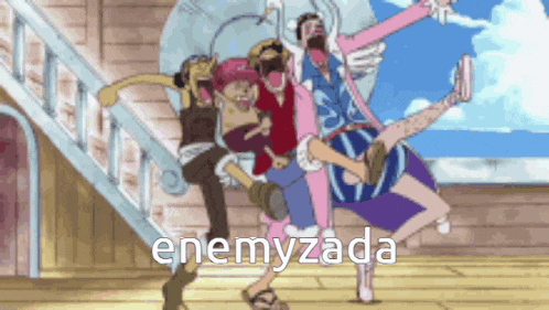a group of cartoon characters are standing next to each other with the words enemyzada written on the bottom .