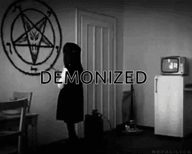 a black and white photo of a room with the word demonized on the bottom