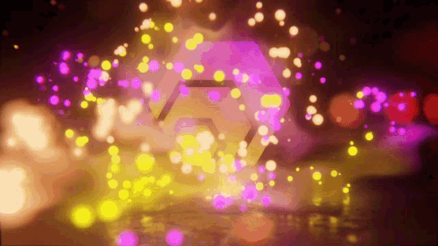 a purple and yellow background with a geometric shape in the center