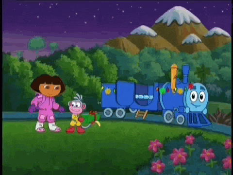 dora the explorer and a monkey are standing next to a blue train .