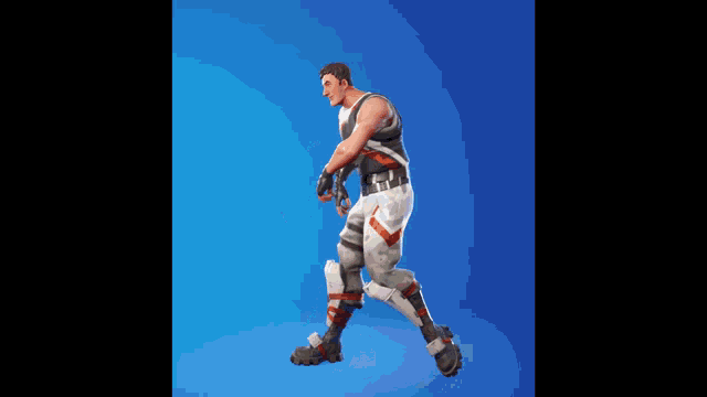 a man in a military uniform is dancing in a video game against a blue background .