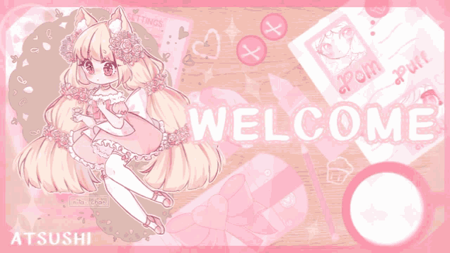 a welcome sign with a girl in a pink dress on it