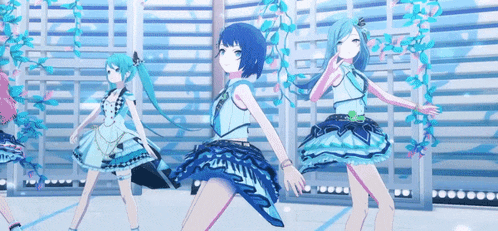 a group of anime girls are dancing on a stage in blue dresses .