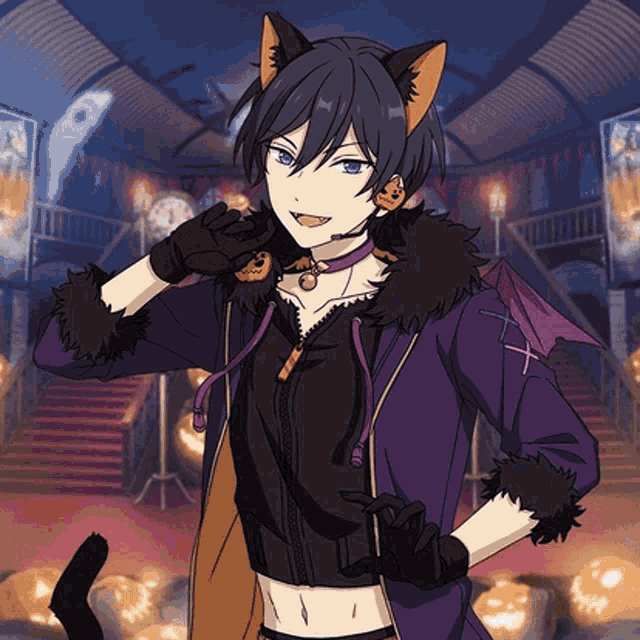 a boy with cat ears and a bat wing is standing in front of pumpkins