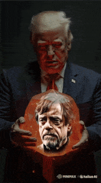 a man in a suit and tie is holding a glowing object with a man 's face on it