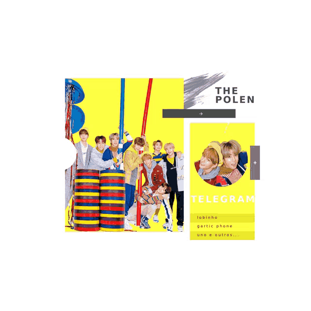 a group of young men are standing next to each other on a yellow background with the words " the polen " above them