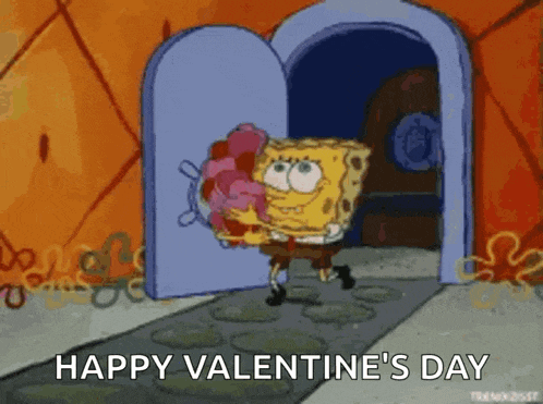 spongebob is holding a bunch of hearts and says happy valentine 's day .