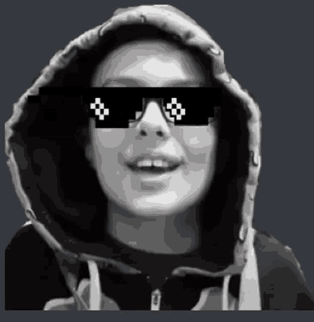 a black and white photo of a woman wearing a hoodie and pixelated sunglasses