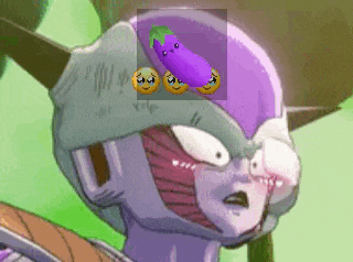 a close up of a cartoon character with a purple eggplant on top of his head .