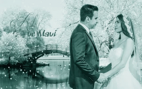 a bride and groom are holding hands in front of a bridge with the word mavi written above them