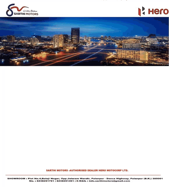 a brochure for sartha motors shows a city at night