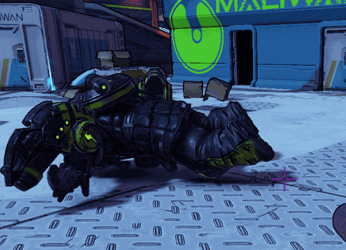 a video game character is laying on the ground in front of a building that has the word wan on it