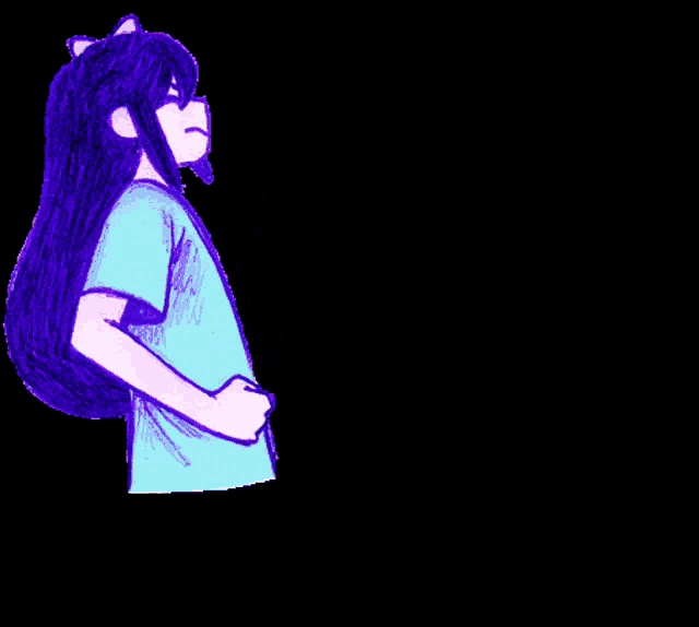 a drawing of a girl with purple hair and a bow on her head