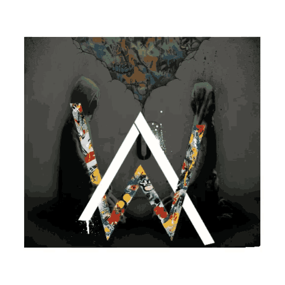 a poster for alan walker with graffiti on the wall behind him