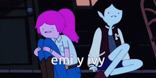 a cartoon of emi y ivy sitting next to a cartoon character